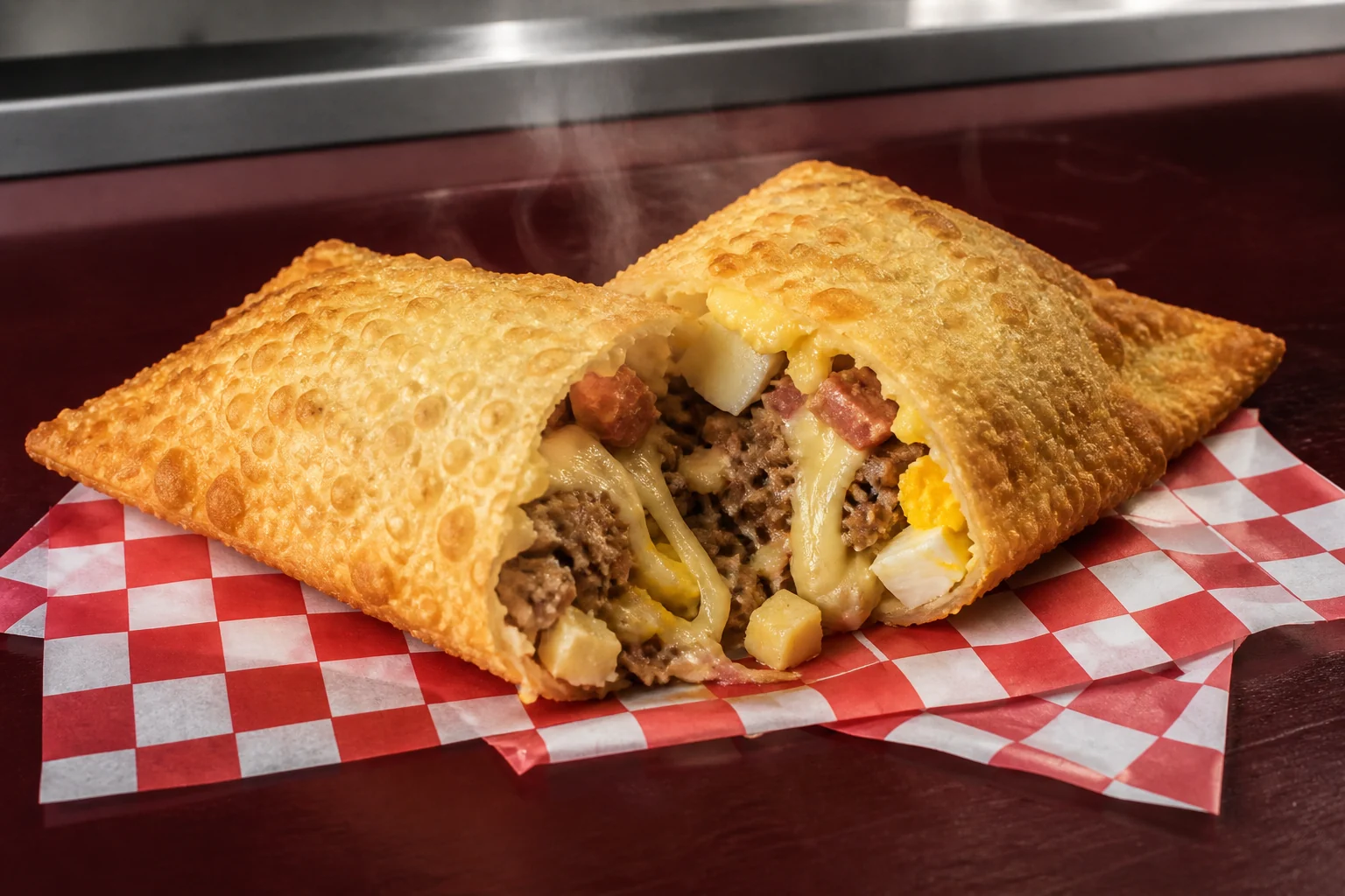Pastel salgado aberto com recheio de carne, queijo, ovo e bacon — imagem conceitual
